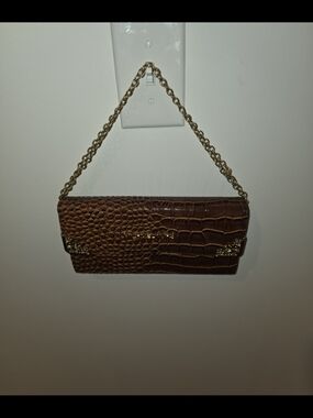 Brown Croc-Embossed Chain Shoulder Bag